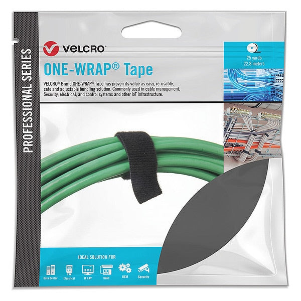 Reclosable Fastener, No Adhesive, 75 ft, 1 in Wd, Black