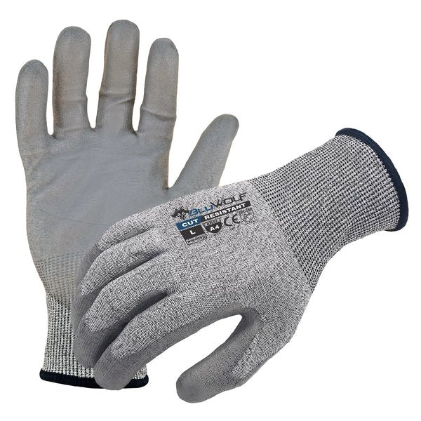 Bluwolf 18 ga. ANSI A4 Cut Resistant Gloves, Polyurthane Palm Coating, Gray, L