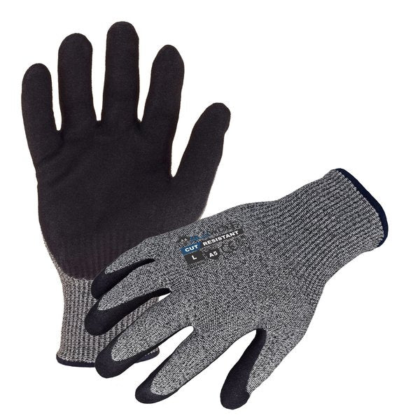 Bluwolf Cut Resistant 13 ga. ANSI A5 Gray Gloves, Black Sandy Foam Nitirle Palm Coating, S