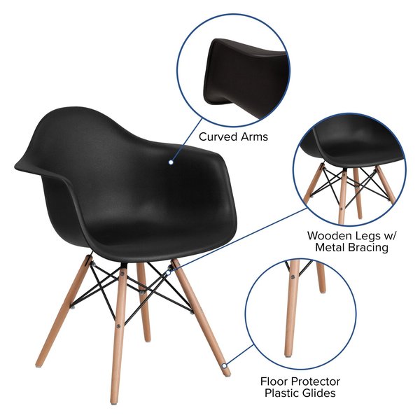 2 Pack Alonza Series Black Plastic Chair with Wooden Legs