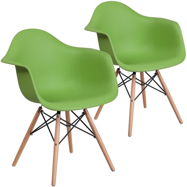 2 Pk. Alonza Series Green Plastic Chair with Wooden Legs