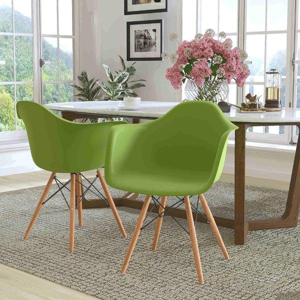 2 Pk. Alonza Series Green Plastic Chair with Wooden Legs