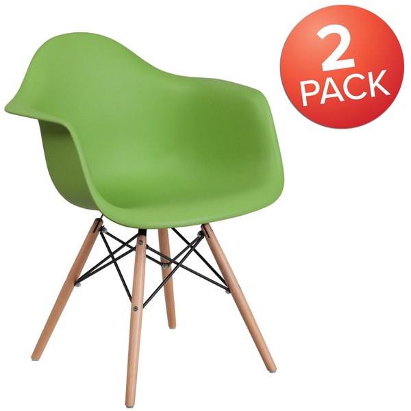 2 Pk. Alonza Series Green Plastic Chair with Wooden Legs
