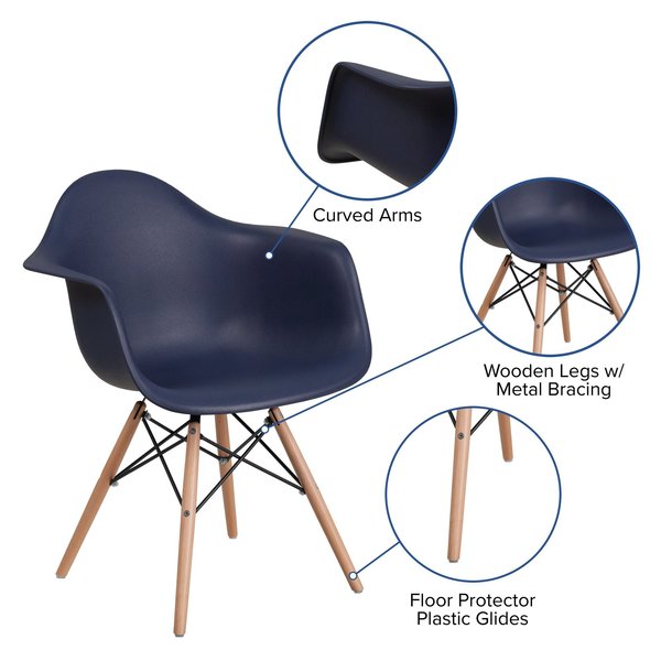2 Pack Alonza Series Navy Plastic Chair with Wooden Legs