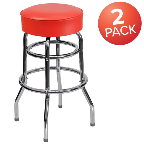 Double Ring Chrome Barstool with Red Seat