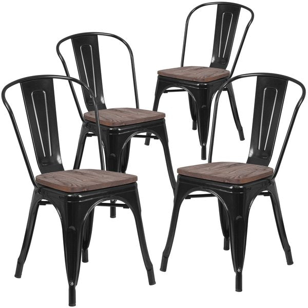 Black Metal Stackable Chair with Wood Seat