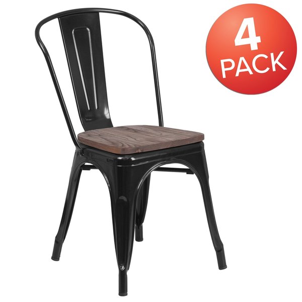 Black Metal Stackable Chair with Wood Seat