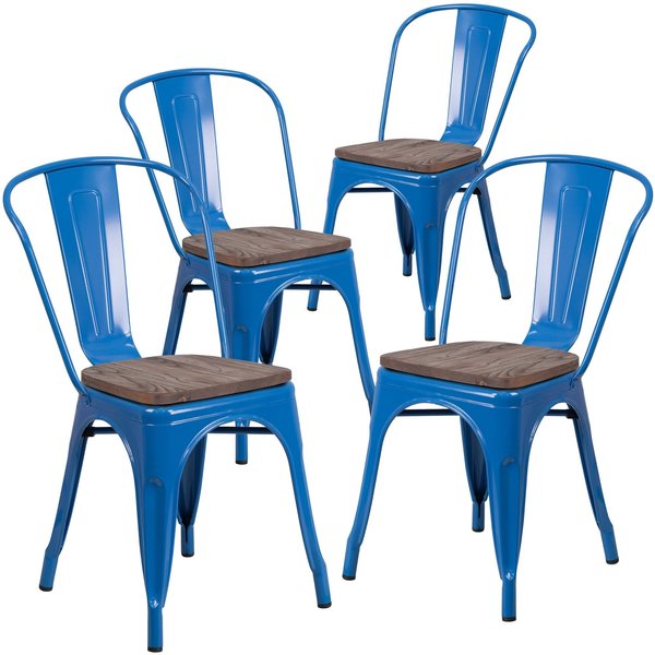 Blue Metal Stackable Chair with Wood Seat