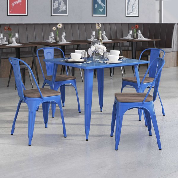 Blue Metal Stackable Chair with Wood Seat
