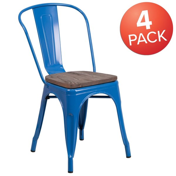 Blue Metal Stackable Chair with Wood Seat