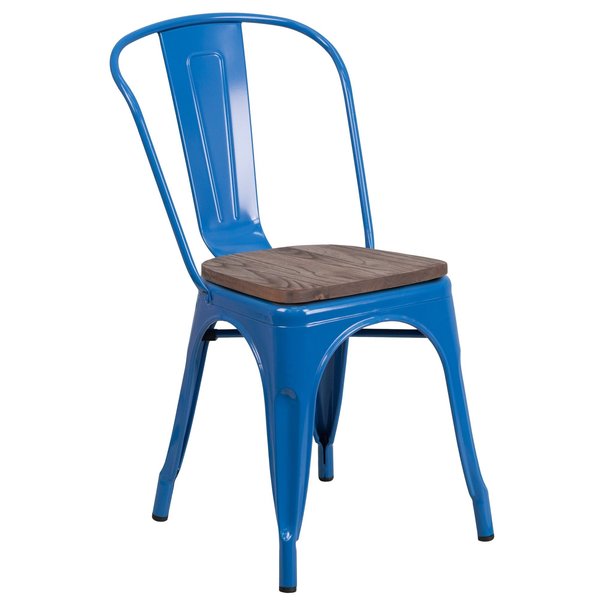 Blue Metal Stackable Chair with Wood Seat