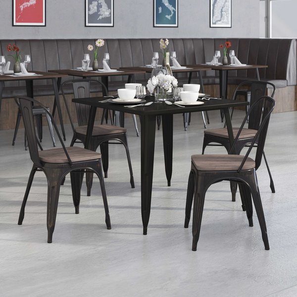 Black-Antique Gold Metal Stackable Chair with Wood Seat