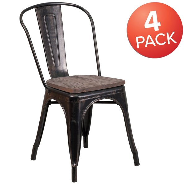 Black-Antique Gold Metal Stackable Chair with Wood Seat