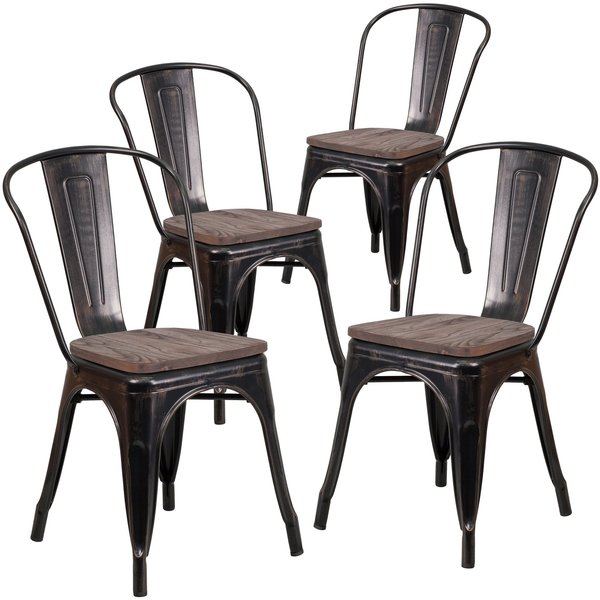 Black-Antique Gold Metal Stackable Chair with Wood Seat
