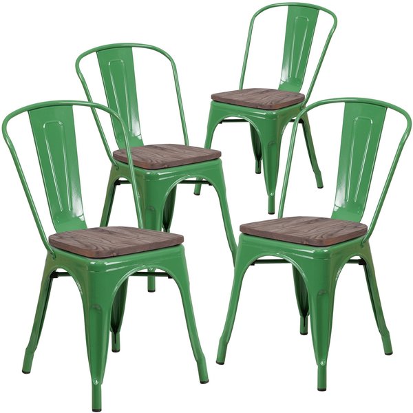 Green Metal Stackable Chair with Wood Seat