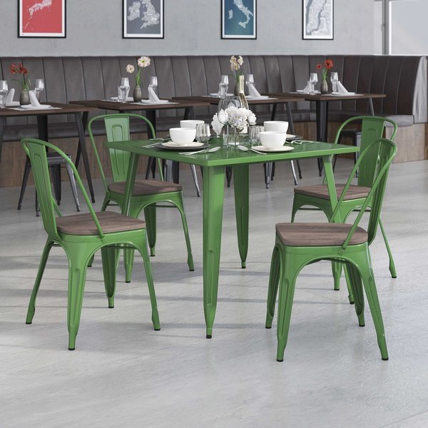 Green Metal Stackable Chair with Wood Seat