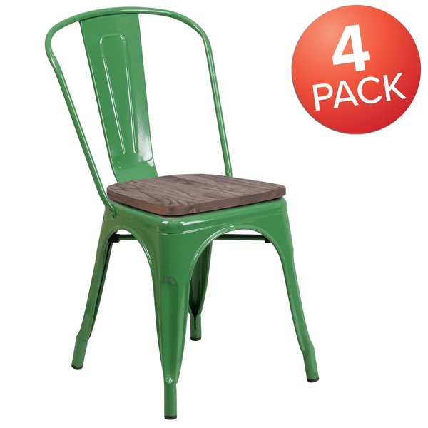 Green Metal Stackable Chair with Wood Seat