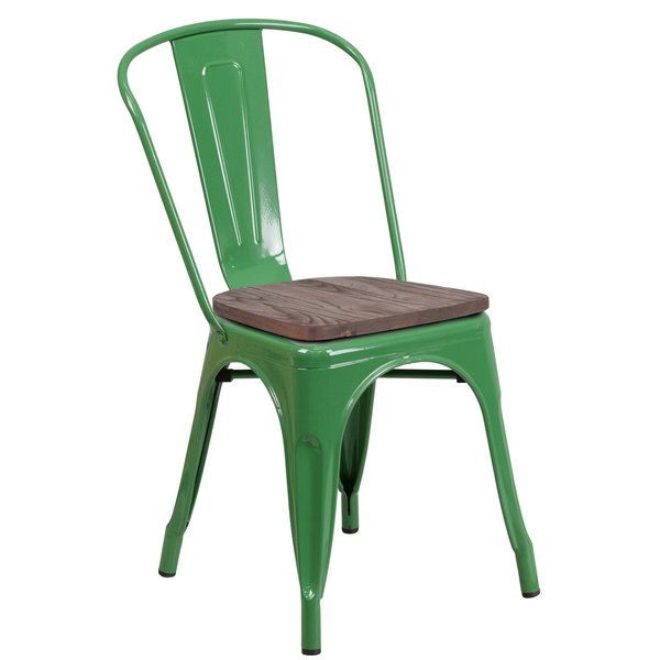 Green Metal Stackable Chair with Wood Seat