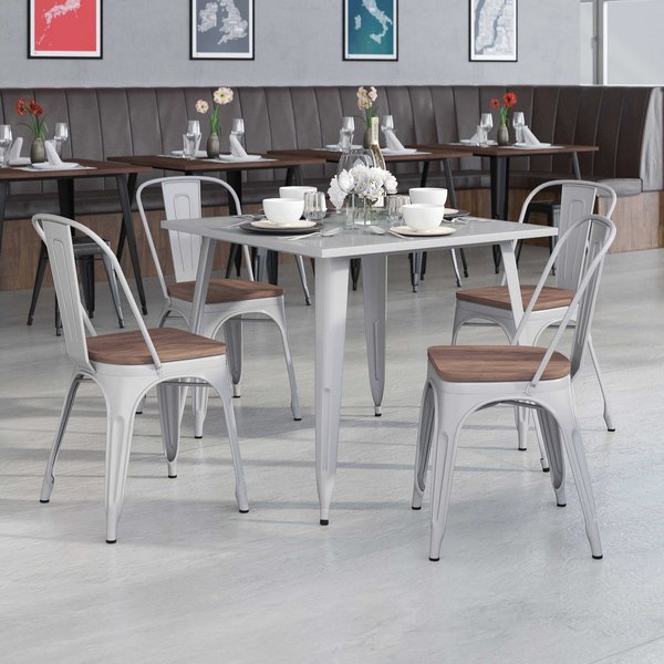 Silver Metal Stackable Chair with Wood Seat