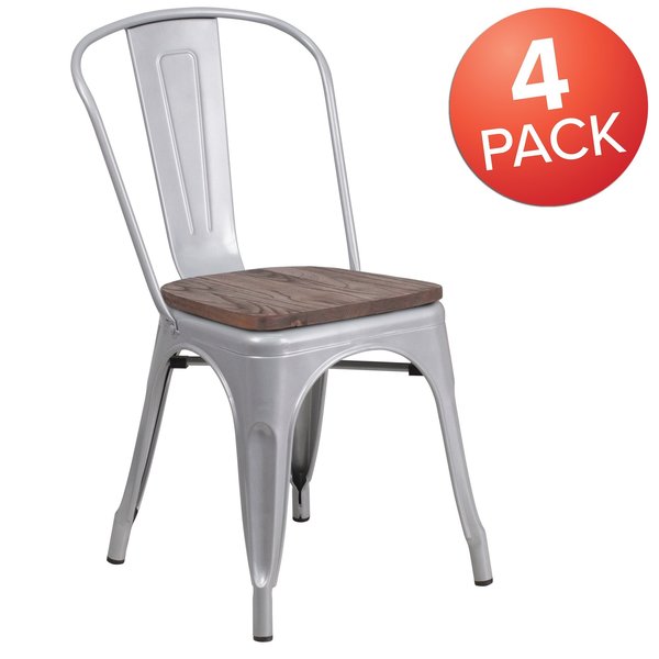 Silver Metal Stackable Chair with Wood Seat