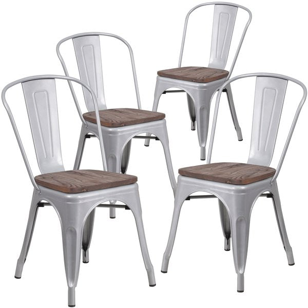 Silver Metal Stackable Chair with Wood Seat
