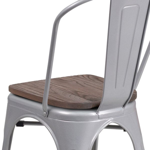 Silver Metal Stackable Chair with Wood Seat