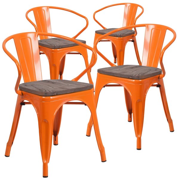 Orange Metal Chair with Wood Seat and Arms