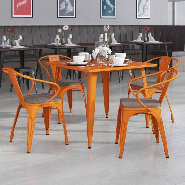 Orange Metal Chair with Wood Seat and Arms