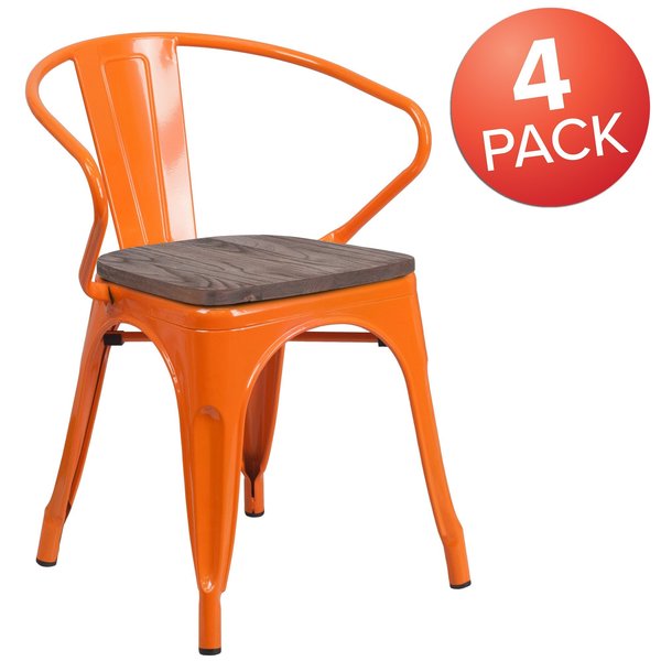 Orange Metal Chair with Wood Seat and Arms