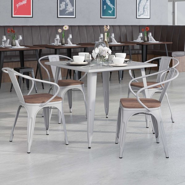 Silver Metal Chair with Wood Seat and Arms