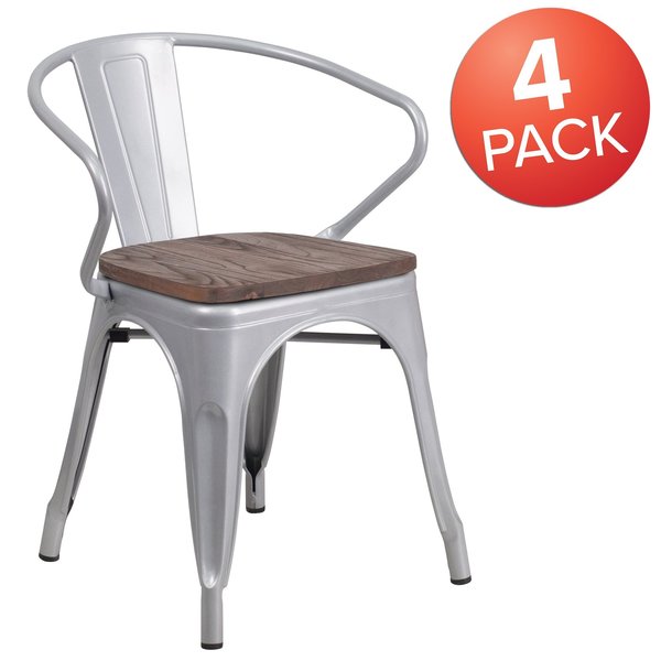 Silver Metal Chair with Wood Seat and Arms