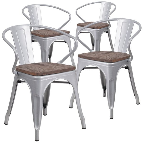 Silver Metal Chair with Wood Seat and Arms