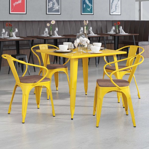 Yellow Metal Chair with Wood Seat and Arms