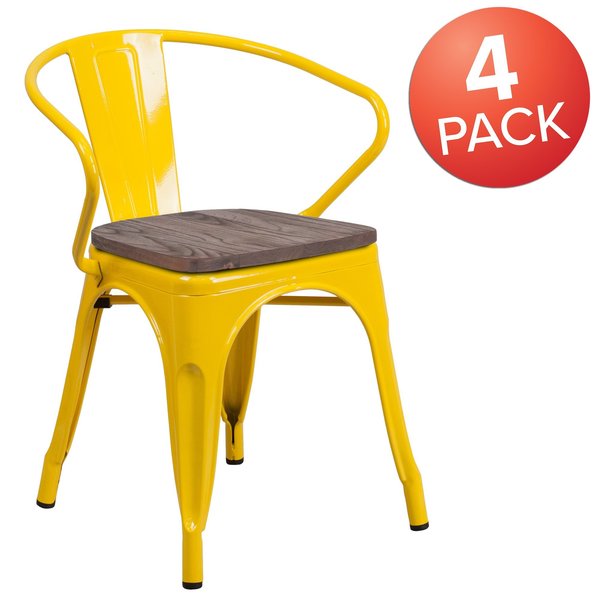 Yellow Metal Chair with Wood Seat and Arms