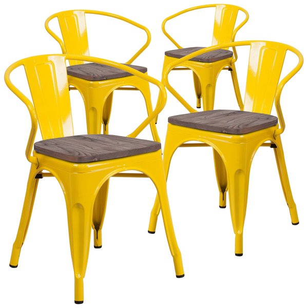 Yellow Metal Chair with Wood Seat and Arms