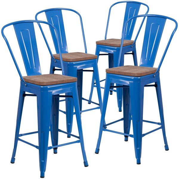 High Blue Metal Counter Height Stool with Back and Wood Seat, 24