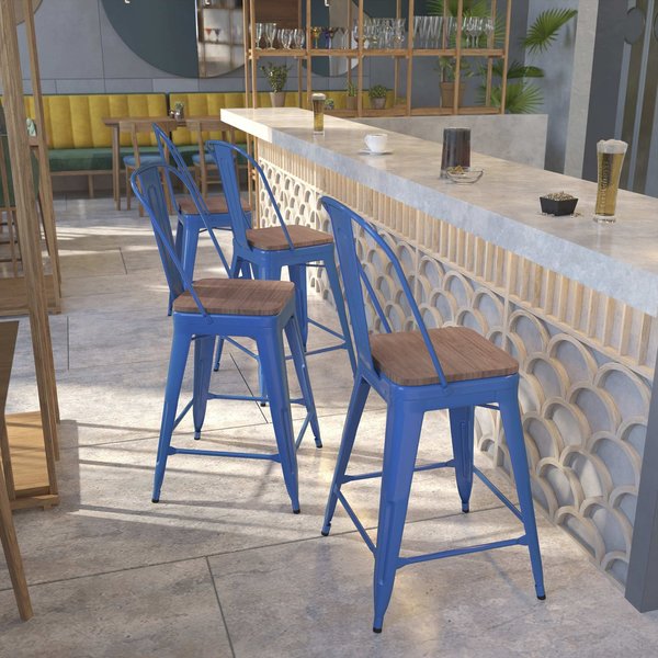 High Blue Metal Counter Height Stool with Back and Wood Seat, 24