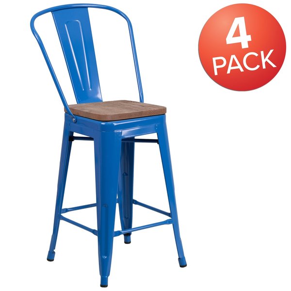 High Blue Metal Counter Height Stool with Back and Wood Seat, 24