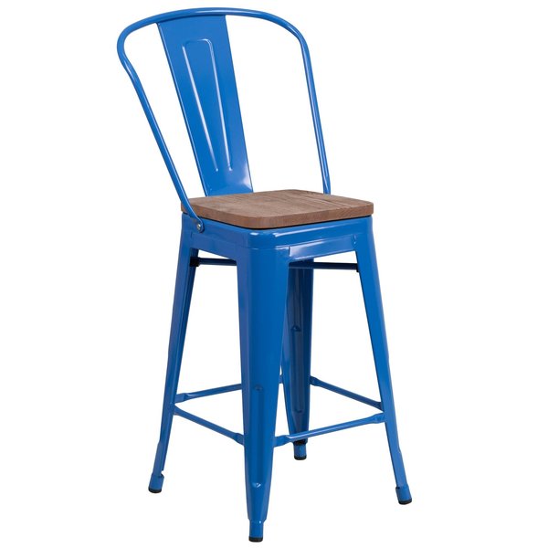 High Blue Metal Counter Height Stool with Back and Wood Seat, 24