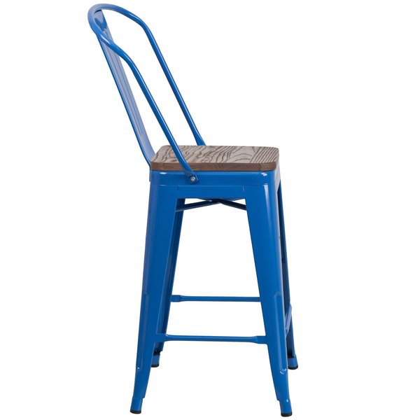High Blue Metal Counter Height Stool with Back and Wood Seat, 24