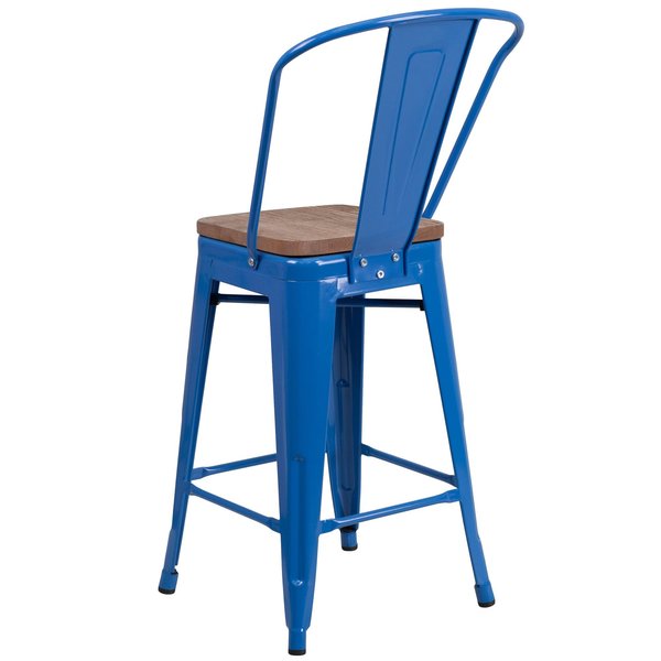 High Blue Metal Counter Height Stool with Back and Wood Seat, 24