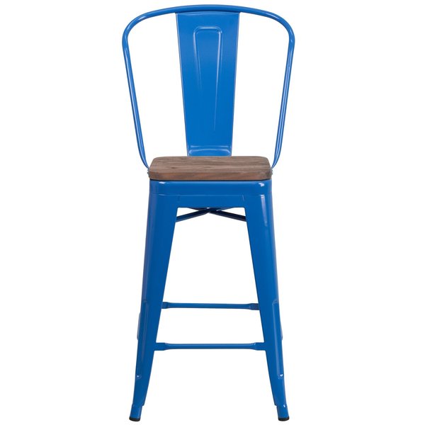 High Blue Metal Counter Height Stool with Back and Wood Seat, 24