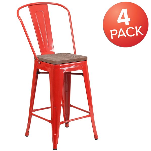 High Red Metal Counter Height Stool with Back and Wood Seat, 24