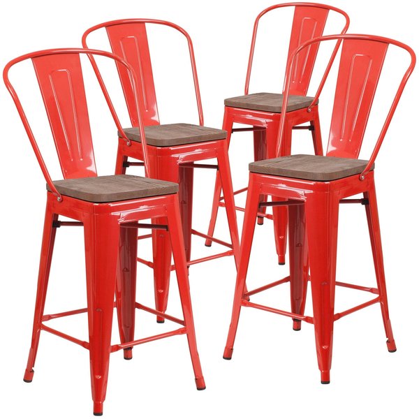 High Red Metal Counter Height Stool with Back and Wood Seat, 24