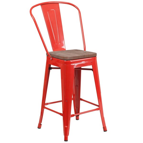 High Red Metal Counter Height Stool with Back and Wood Seat, 24