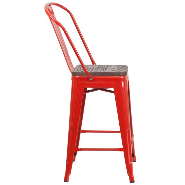 High Red Metal Counter Height Stool with Back and Wood Seat, 24
