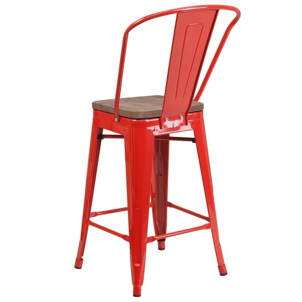 High Red Metal Counter Height Stool with Back and Wood Seat, 24