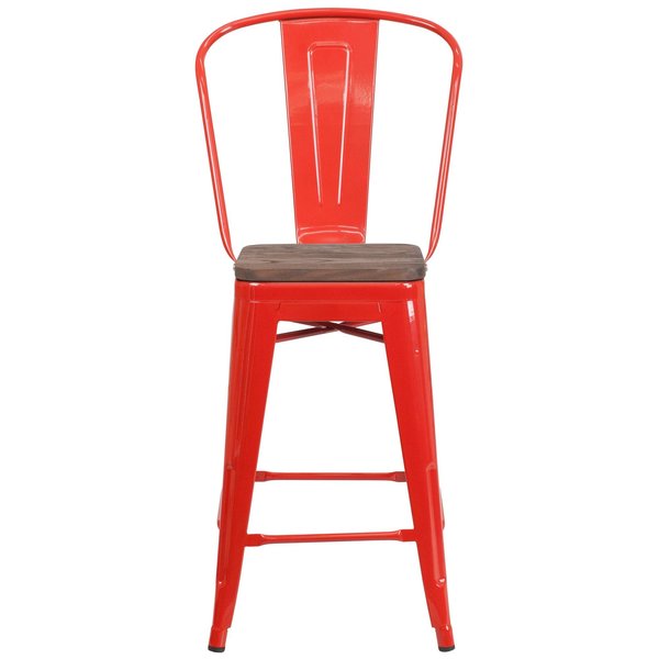 High Red Metal Counter Height Stool with Back and Wood Seat, 24