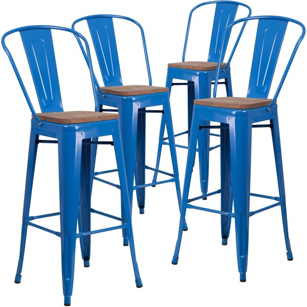 Blue Metal Barstool with Back and Wood Seat, 30