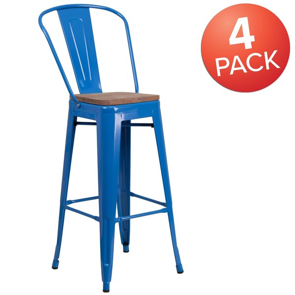 Blue Metal Barstool with Back and Wood Seat, 30